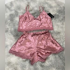 Fashion Nova Pink Satin Lace Pajama Set